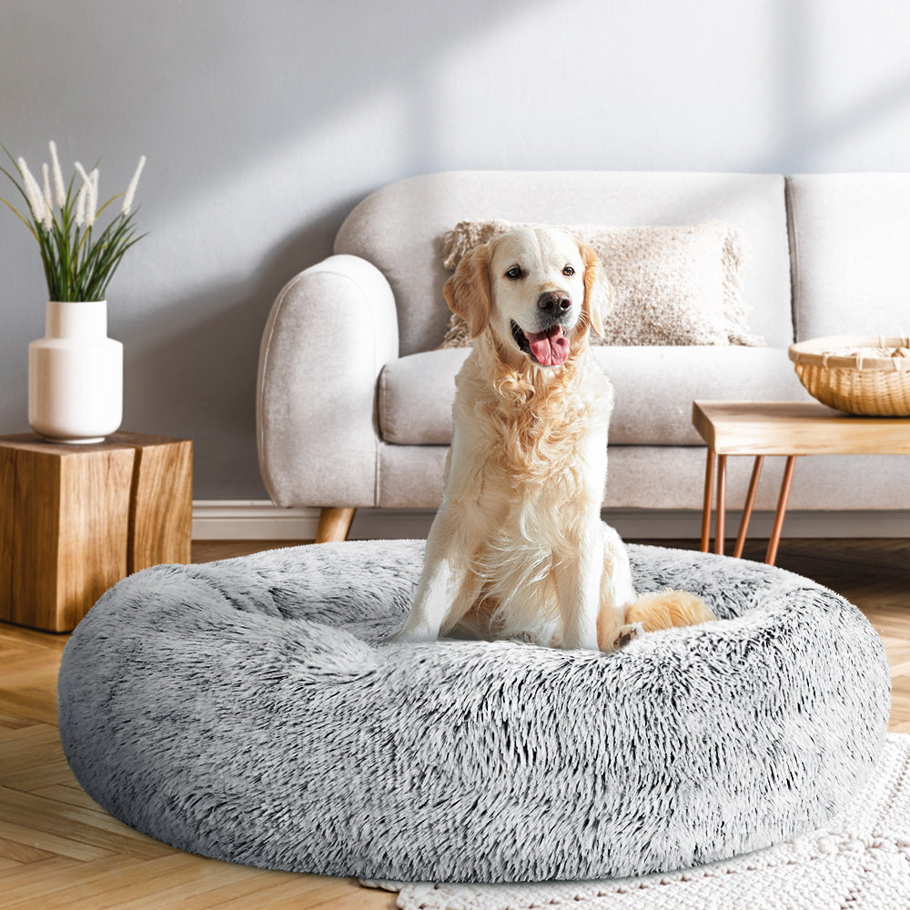 90cm Large Calming Pet Bed β Soft Plush Cushion in Light Charcoal
