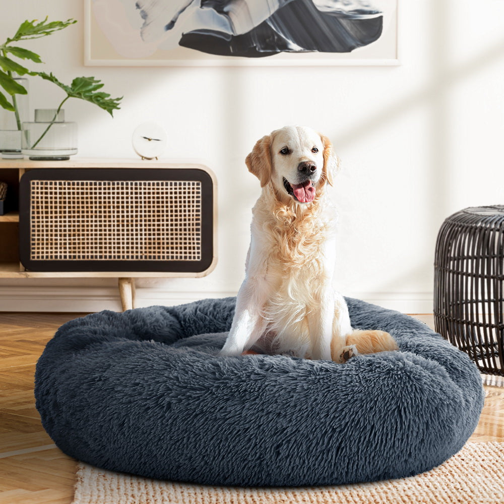 90cm Large Calming Pet Bed β Soft Plush Cushion in Dark Grey