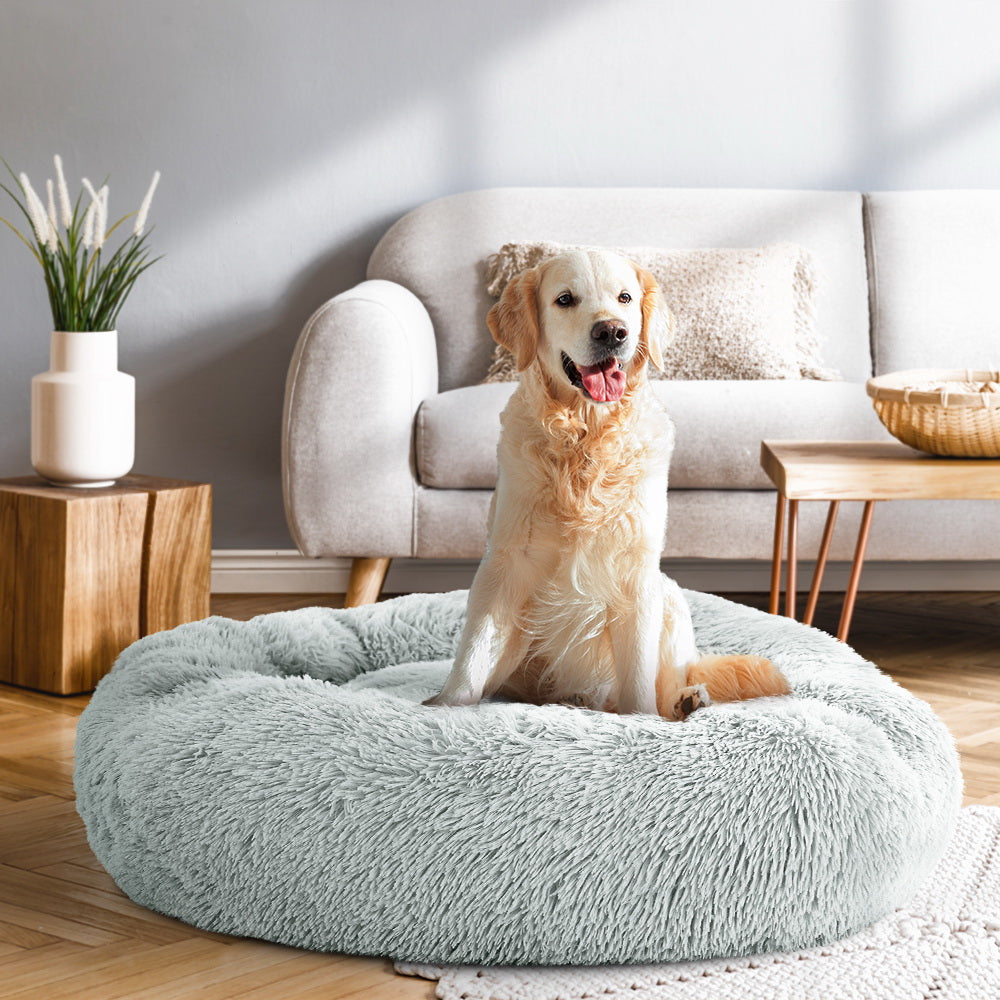 90cm Large Calming Pet Bed β Soft Plush Cushion in Light Grey