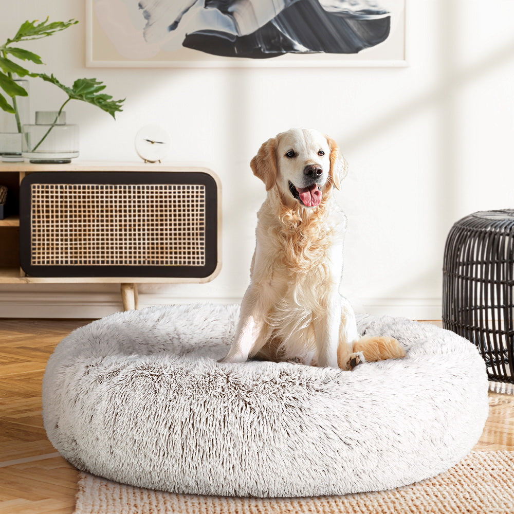 90cm Large Calming Pet Bed β Soft Plush Cushion in White & Brown