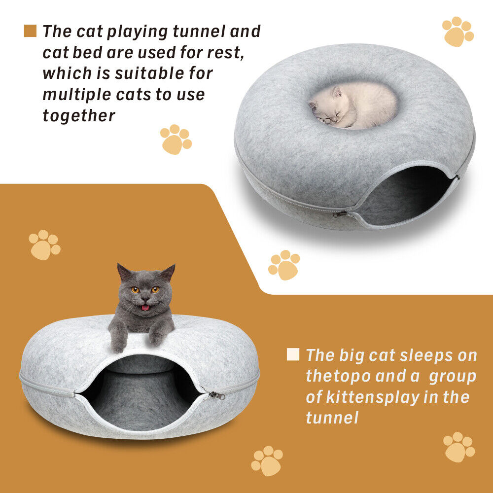 Large Light Grey | Cozy Pet Cave & Play Tunnel - Felt Cat Tunnel Bed