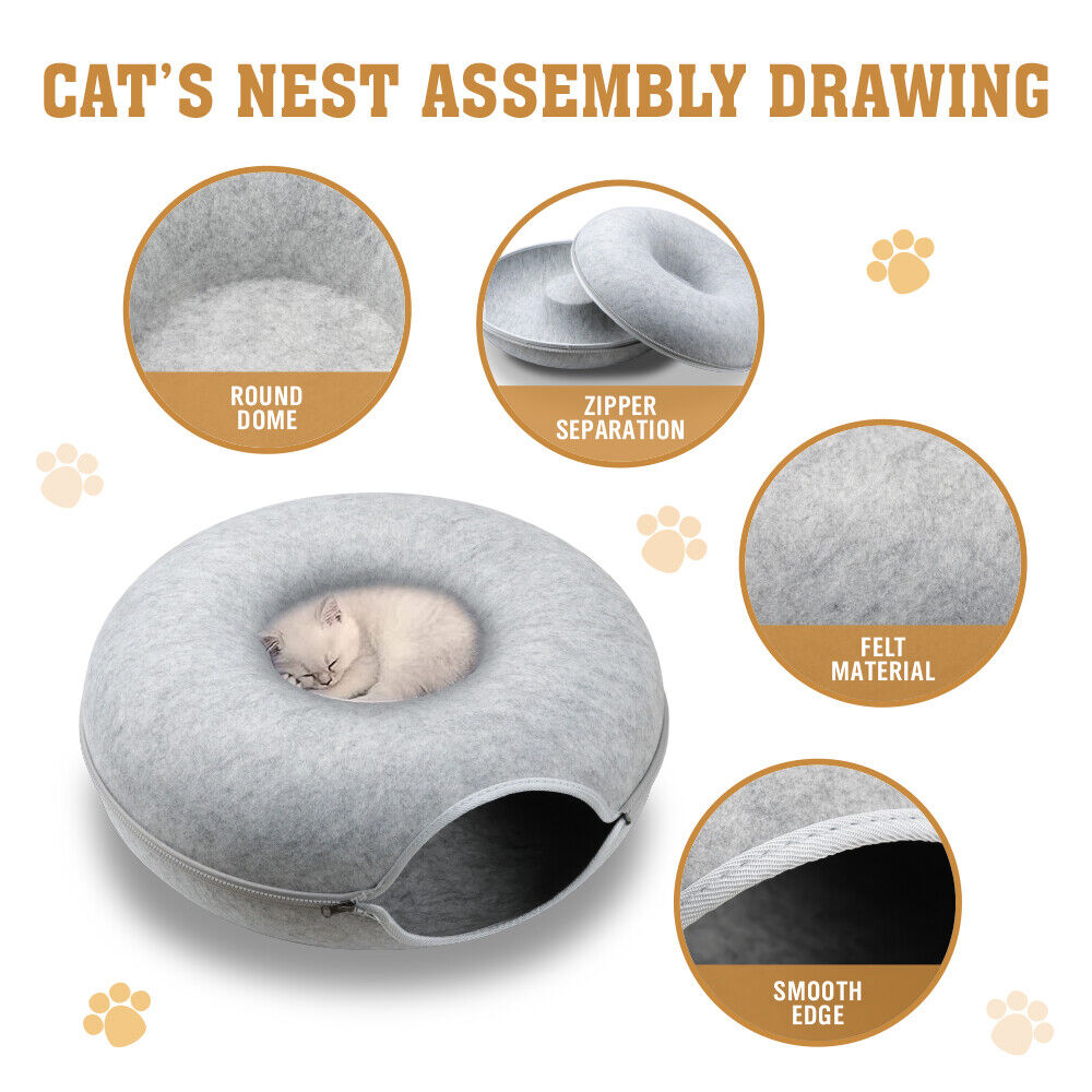Large Light Grey | Cozy Pet Cave & Play Tunnel - Felt Cat Tunnel Bed
