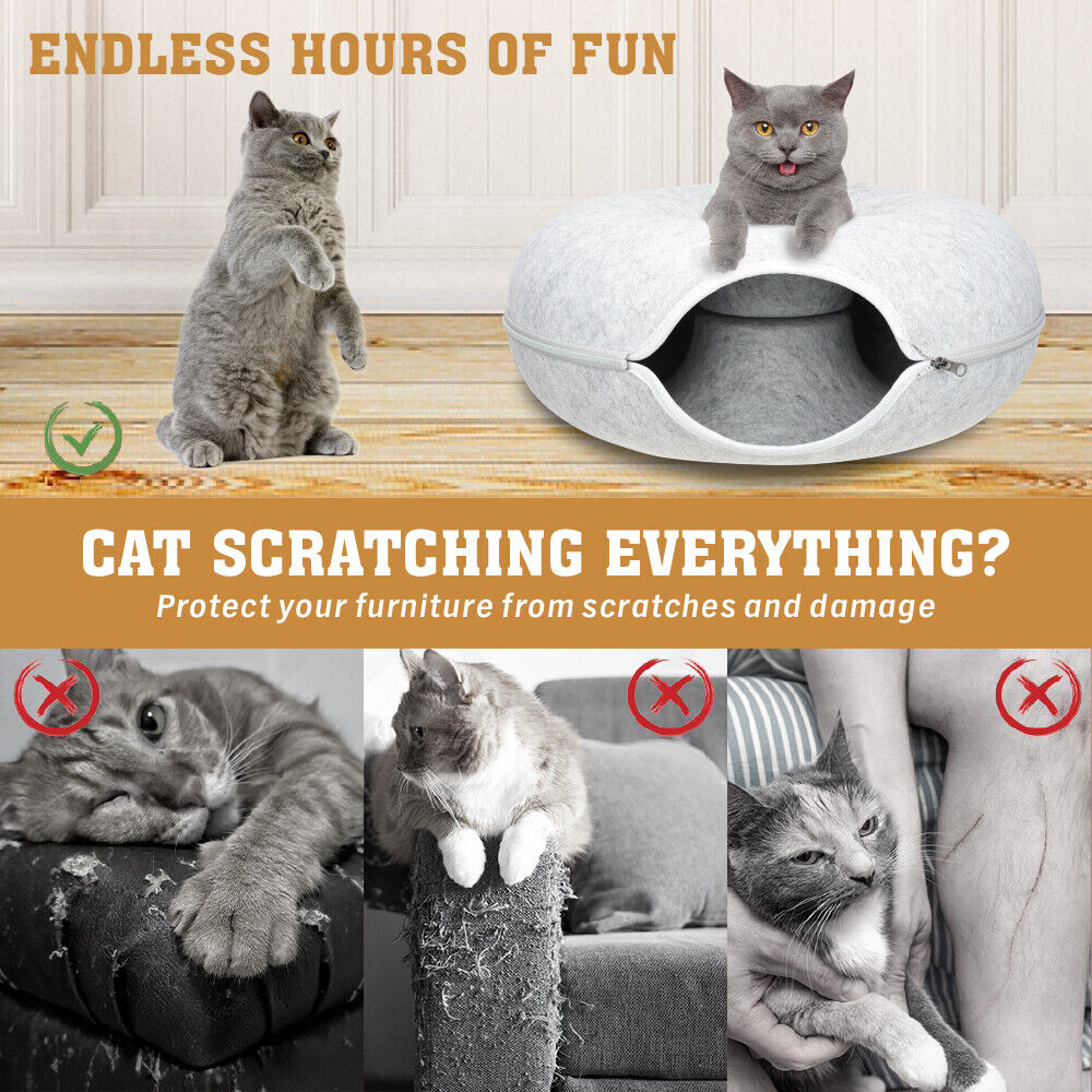 Large Light Grey | Cozy Pet Cave & Play Tunnel - Felt Cat Tunnel Bed